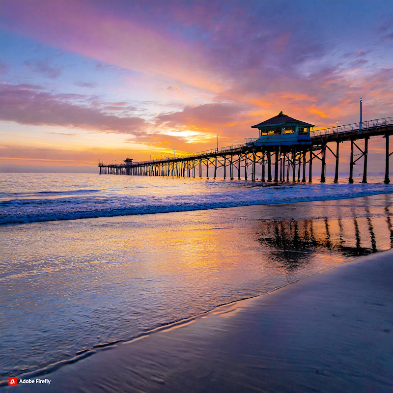 Firefly San Clemente beach with orange-ish purple sunset reflecting off the water with pier in the b.jpg